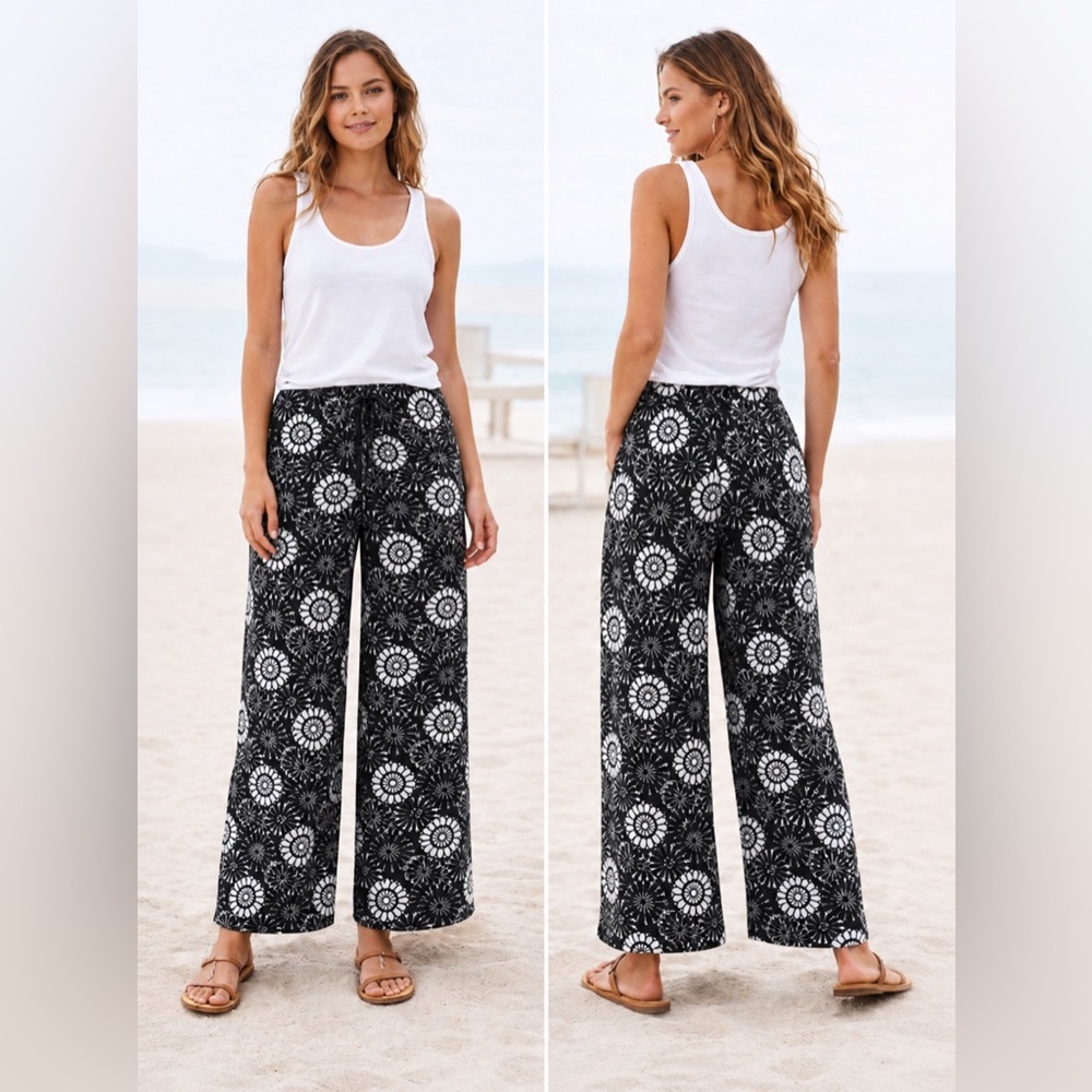 S LOFT Black and White Floral Boho Wide Leg Pants